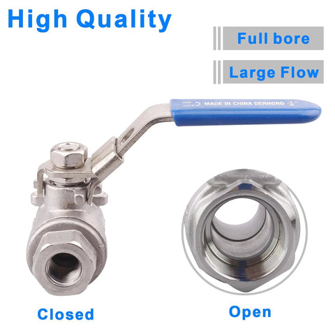 DERNORD 2-pack stainless steel 304 ball valves, full-port, 1/4 in NPT, blue lever handle; closed and open views