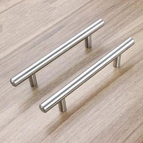 Stainless Steel Brushed Satin Nickel Cabinet Pulls Pack Of 30 Hollow Tube T Bar Drawer Handles on wooden surface