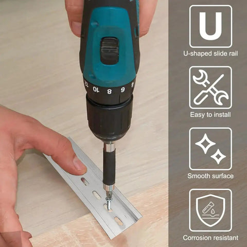 Beefy Durable Aluminum DIN Rails Top Hat Slotted 6 Inch Length With 7.5 mm Height And 35 mm Width Set Of 10 Includes 20 MXUDIN100 Screws shown in use with drill on wood surface