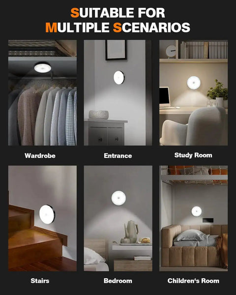 Rechargeable Magnetic Puck Lights With Motion Sensor in various indoor settings like wardrobe, entrance, study room, stairs, and bedroom.