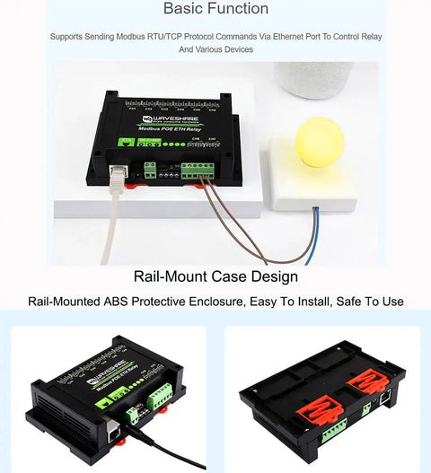 8-Channel Ethernet Relay Module with Modbus RTU TCP Protocol, PoE powered in ABS rail-mount case for industrial automation