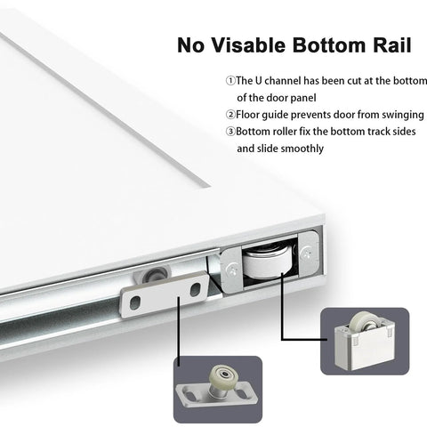 Close-up view of concealed sliding barn door 36 by 84 inches shaker style flat one panel white primed, showing bottom roller setup