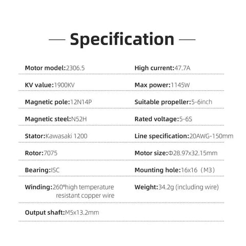 Specter 2306.5 1900KV Brushless FPV Motor for DIY RC Racing Drones 5S 6S Quadcopters specifications list