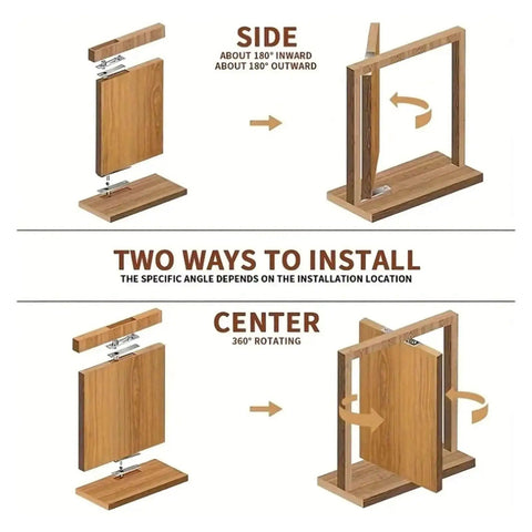 Hidden Door Hinge 360 Degree Pivot Heavy Duty Stainless Steel installation options, side and center rotation for secret doors