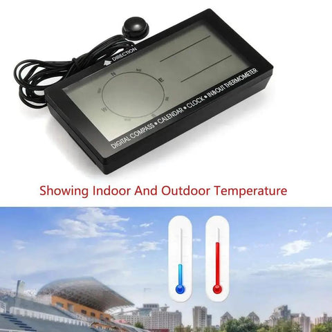 Digital Car Thermometer With Blue Backlight Compass Clock And Large LCD Display showing indoor and outdoor temperature.