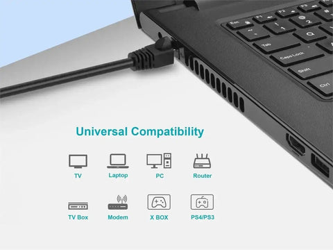 Cat6A Ethernet Patch Cable RJ45 Shielded STP With 550 MHz connected to a laptop, showing universal compatibility with various devices.