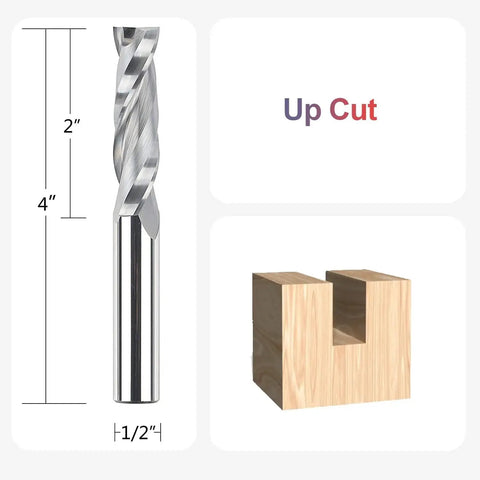 Pro Grade Solid Carbide Upcut Spiral Router Bit With One Half Inch Shank And One Half Inch Cutting Diameter For Wood Mortises And Dadoes Four Inch Total Length Two Inch Cutting Length Ideal For Plunge Mortises And Slots SpeTool image showing dimensions and cut example.