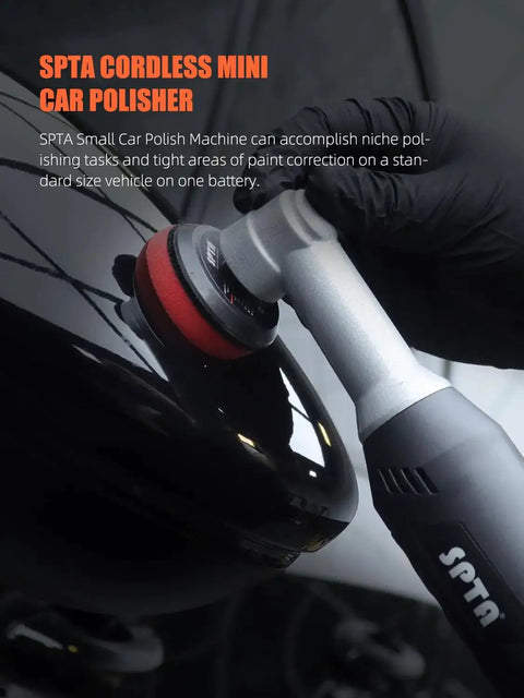 Cordless Mini Car Polisher 12V Micro Random Orbital Buffer For Polishing Sanding And Cleaning Your Vehicle Lightweight Scratch Killer For A Flawless Paint Finish being used on black vehicle surface.