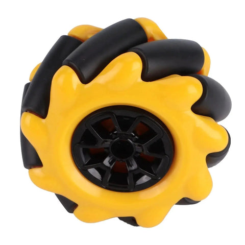 Dope 60mm Mecanum wheel for geared motors, black and yellow rubber coated surface for omni-directional robot movement.