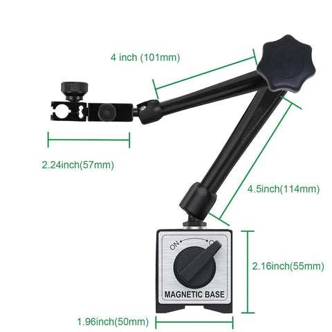 Magnetic Base Stand For Dial Indicator With 176 Lbs Max Pull And Fine Tuning Adjustment, dual arm, 14.1 inch overall length.