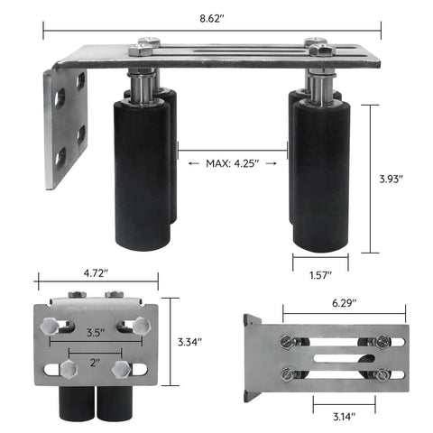 Front and side view of Universal L Bracket Gate Guide Roller Set with Four Nylon Rollers for Sliding Gates, adjustable mounting.