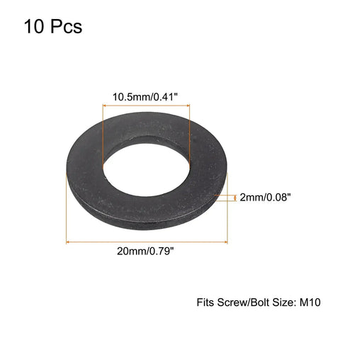 M10 Flat Washer Set Beefy Black Oxidized Carbon Steel 10 Pcs, 20x2mm dimensions shown, fits M10 bolts, heavy duty hardware.
