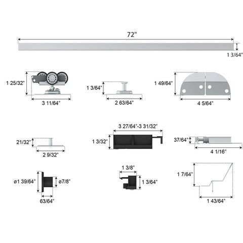 72 Inch Bifold Door Hardware Kit For 4 Doors With 18 Inch Panels Top mounted system dimensions and components layout.