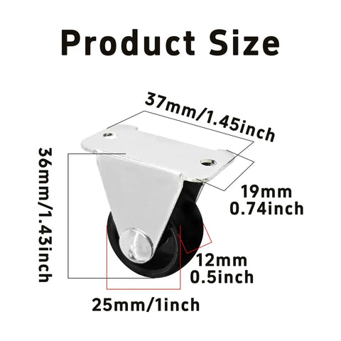 Four Pack 1 Inch Heavy Duty Rigid Fixed Caster Wheels With Non Swivel Top Plate For Furniture showing dimensions and specifications