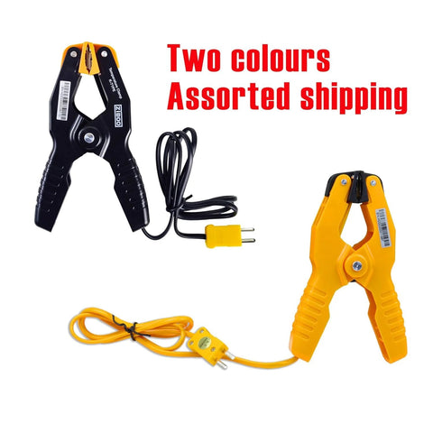 K-type pipe clamp thermometer for HVAC, two yellow and black handles with probe cords