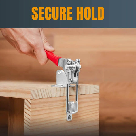 Beefy Heavy Duty Toggle Clamp 1980 Lbs Holding Capacity with Adjustable 90 Degree Vertical U Bolt Latch and Anti Slip Grip in use.