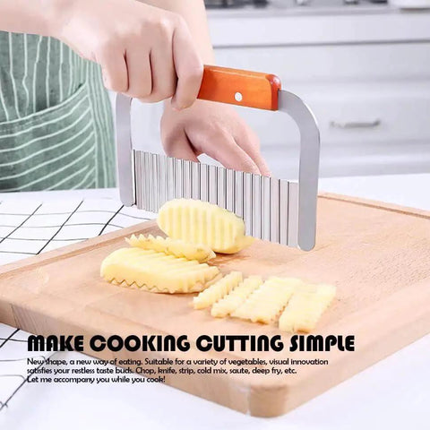 Person using Stainless Steel Wavy Crinkle Cutter For Potatoes And Vegetables 1 Piece Kitchen Tool Durable Veggie Slicer