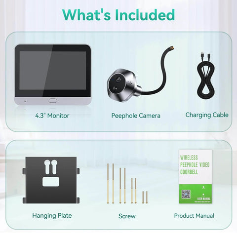 What's included with Smart Video Doorbell: 4.3-inch monitor, peephole camera, charging cable, hanging plate, screws, product manual