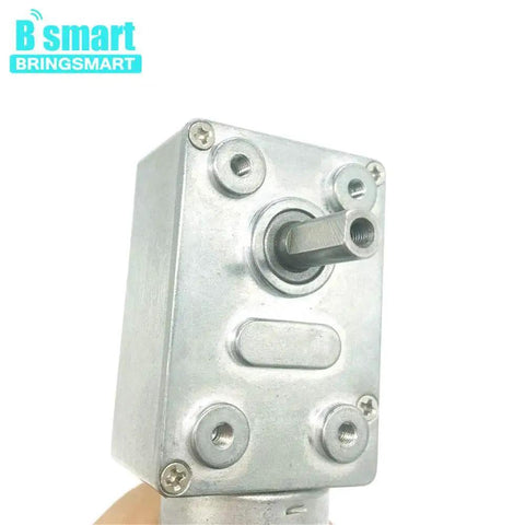 Close-up of JGY-370 12V 10rpm DC Worm Gear Motor with all-metal gears and D-shaped output shaft, ideal for DIY projects.