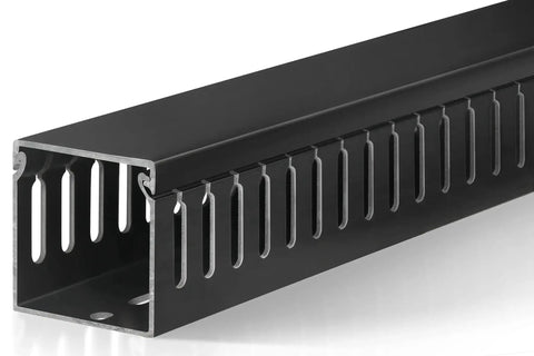 Black 2x2 Inch Cable Raceway For Under Desk Cable Management, Open Slot Wire Duct Hider, Durable PVC Cable Channel, side view