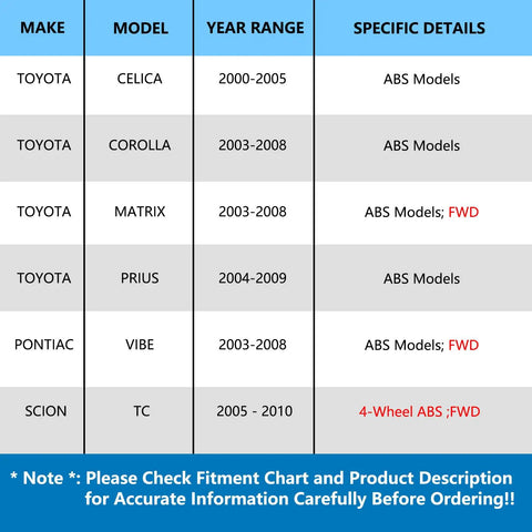 Fitment chart for Rear Wheel Bearing And Hub Assembly Pair Fits 2003 2008 Pontiac Vibe, 2003 2008 Toyota Corolla And Matrix, 2000 2005 Celica, 2004 2009 Prius, And 2005 2010 Scion Tc Replacement Ready To Install