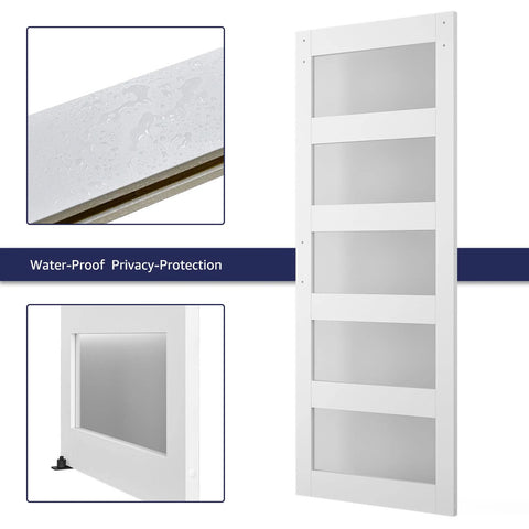 Five Panel Sliding Glass Barn Door Kit With Frosted Glass Waterproof Finish Includes 6 Ft Hardware Easy Pre Drilled Assembly Fits Up To 32 In By 82 In Opening White