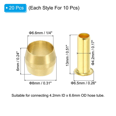 Brass compression sleeve and ferrule for 1/4 in hose, 20-pack kit for air, water, gas lines.