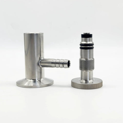 Sanitary 1.5-in tri-clamp sample tap valve, SS304 stainless steel with EPDM seal and 1/2-in barb outlet.