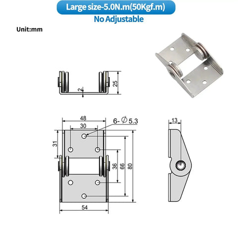 Torque damping hinge for cabinet doors, 304 stainless steel; dimensioned front and side views with mounting holes.