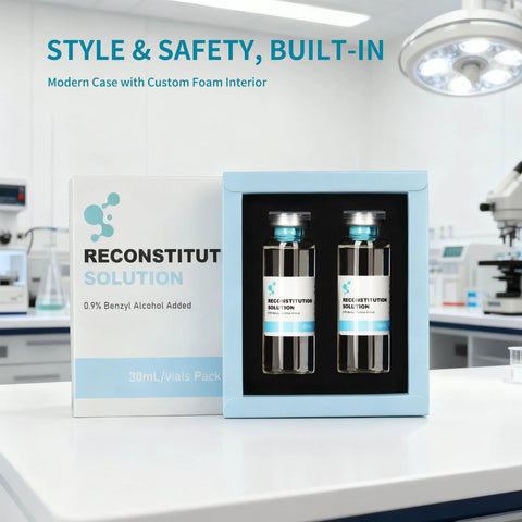 Reconstitution solution; two 30 mL glass vials with teal caps in a blue display case on a lab bench