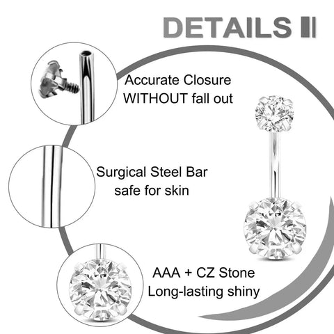 Beginner Friendly Belly Button Piercing Kit 16Pcs Set With Navel Rings shown with surgical steel bar and CZ stones.