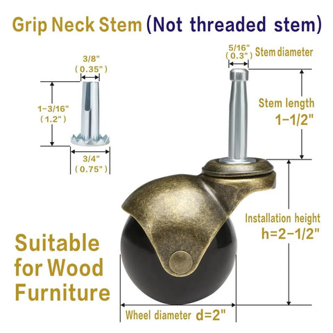 2 Inch Antique Brass Casters Set Of 4 Heavy Duty Ball Caster Wheels With Sleeve Plugs For Wood Furniture Legs and 360 lb support
