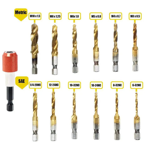 Titanium-Coated Combination Drill Tap Bit Set, 13 Piece SAE and Metric Kit for Quick Threading, Drilling, Tapping shown