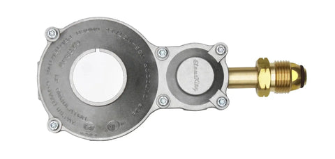 Top view of a heavy duty horizontal mounted 300000 BTU two stage propane regulator with POL, aluminum and brass construction, Flame King.