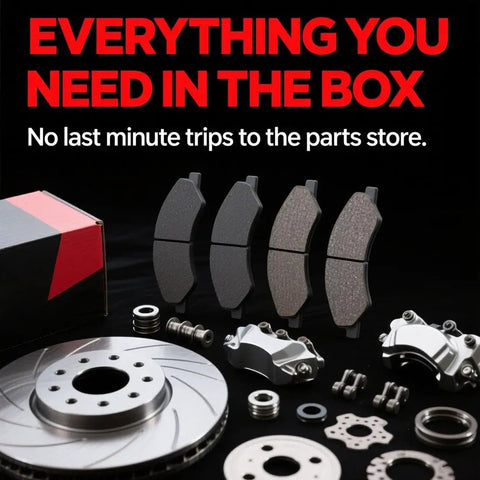 Brake kit components including pads and rotors displayed with a box, highlighting complete set without last-minute part store trips.