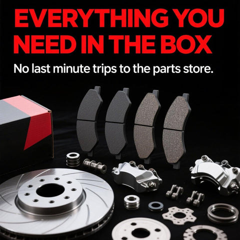 Brake components and accessories displayed in a kit, including brake pads, rotors, and hardware, labeled 'Everything You Need in the Box'.
