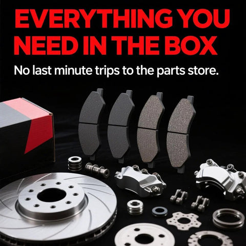 Brake pad set with rotors and installation hardware for vehicle maintenance, shown with retail packaging and text overlay.