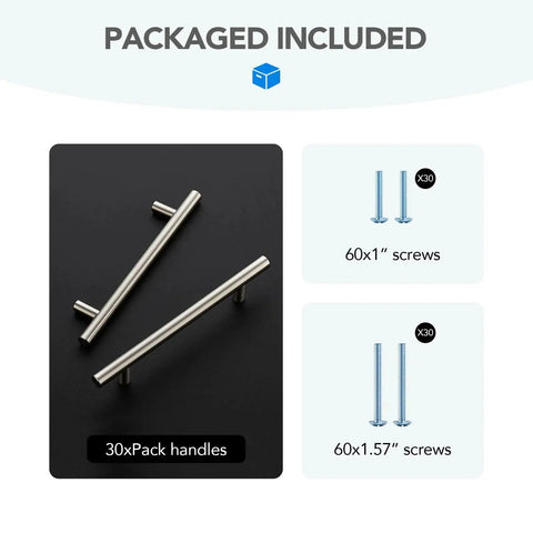 Brushed Nickel Cabinet Handles 5 Inch Hole Spacing Stainless Steel Drawer Pulls package with 30 handles and screws
