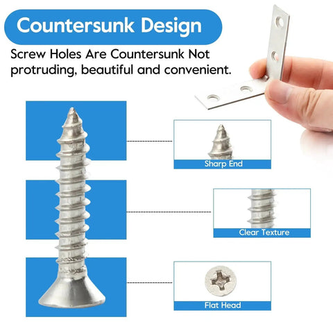 Hand holding 40 Piece Stainless Steel L Bracket Corner Brace Set With Screws For Shelves And Wood Furniture Frames, showcasing countersunk screw.