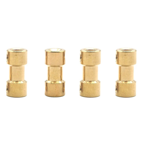 Four brass motor shaft couplings for RC toys, 2mm to 2mm shaft adapters.