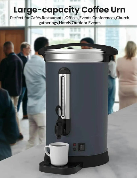 Sturdy 80-Cup Commercial Coffee Urn with 12-Liter or 3.2-Gallon Capacity, Stainless Steel Electric Maker on countertop at event.