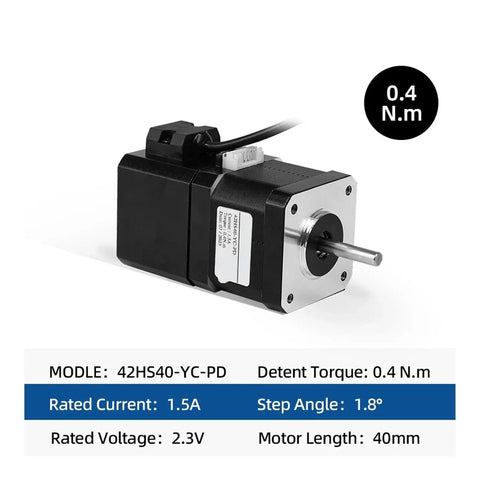 NEMA 23 stepper motor, front view, black body with silver faceplate, 40mm length