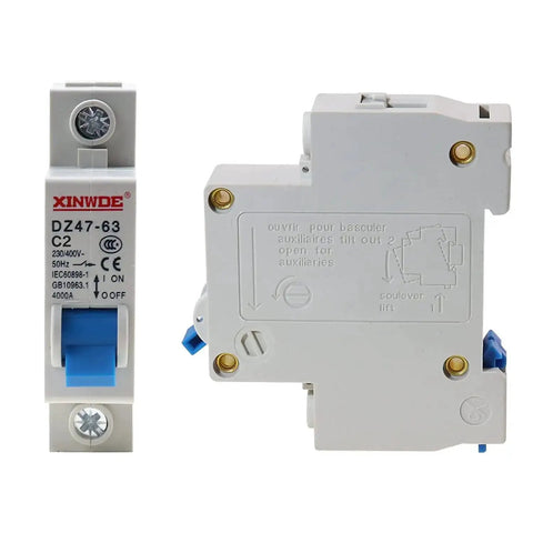 Front and side view of 2 Pack One Pole 230 to 400V Miniature Circuit Breaker 2A DIN Rail Mount DZ47-63 C Series, 4000A Breaking Capacity.