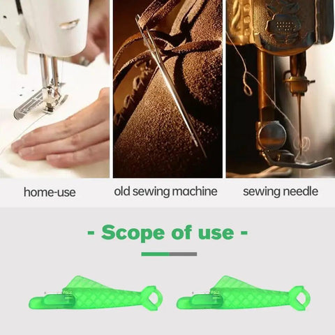 Fish Mouth Sewing Machine Needle Threader Upgraded 2024 Automatic Threading Aid For Fast No Fuss Sewing shown used with devices