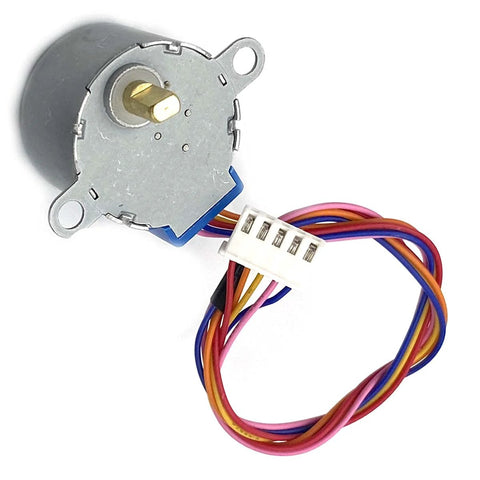 Silver 28BYJ-48 DC 5V stepper motor with ULN2003 driver wires and white 5-pin connector, blue accents.