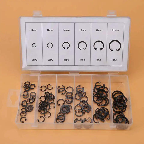 Six Size C Clips Snap Ring Assortment Kit 11mm To 21mm in durable metal with box, used for dowel pins and shaft grooves.