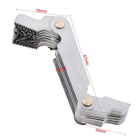 55 Degree And 60 Degree Screw Pitch Gauge With Locking Mechanism For Metric Imperial And US Threads Pro Grade Industrial Measurement Tool For Quick Size Checks Includes Multiple Pitch Sizes, side view showing steel construction.