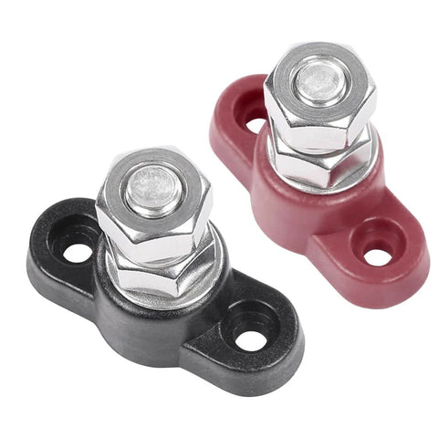 Two Pack 3/8 Inch 12V Car Battery Junction Block With Single Stud Power And Ground Beefy Heavy Duty Insulated Terminal Block For Auto Marine Boat Nylon Base Stainless Steel Studs Copper Spacer Built To Last, showing red and black terminal blocks.