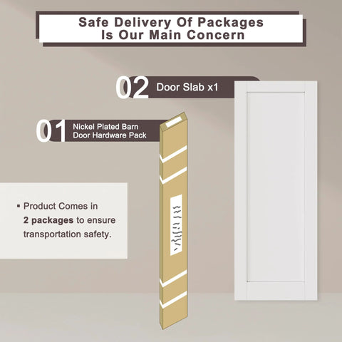 Sliding Barn Door With Hardware Kit, White Primed Solid Manufactured Wood Panel, Durable Track System, packaging contents