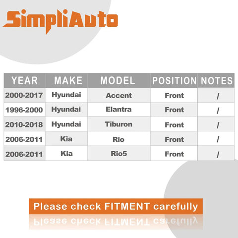 Fitment chart for Hyundai Accent, Elantra, Tiburon, Kia Rio, Rio5, showing applicable years and front wheel hub bearing positions.